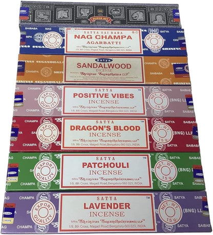 Satya Premium Mix Assorted Incense Sticks Set of 12 Pack | for Meditation, Aromatherapy, Healing, Yoga, Positivity and Relaxation | 180 Sticks (12Packs X 15Sticks)