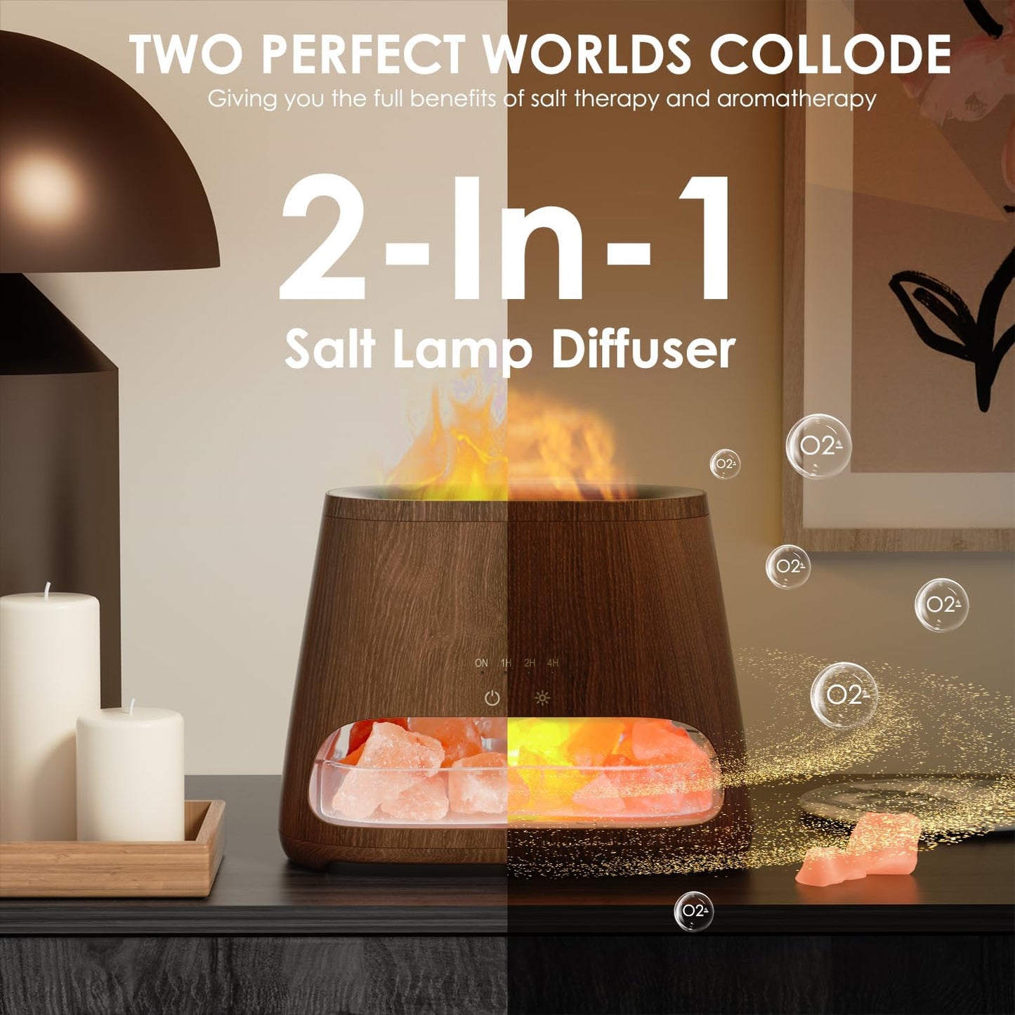 SALKING 2-in-1 Ultrasonic Essential Oil Diffuser & Himalayan Salt Lamp, Aromatherapy Diffuser Cool Mist Humidifier with Auto Off Function, 100% Pure Himalayan Pink Salt Rock, 150ml (Wooden Grain)