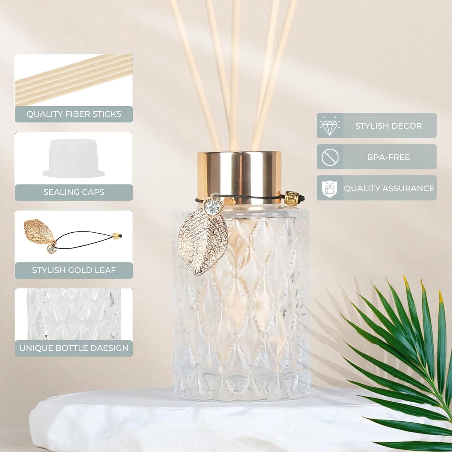 Trifolic Reed Diffuser Set with Metal Golden Decoration, 3.5-4.2oz Empty Reed Diffuser Bottles with 20Pcs Reed Diffuser Sticks, Unique Design Bottles for Home and Office