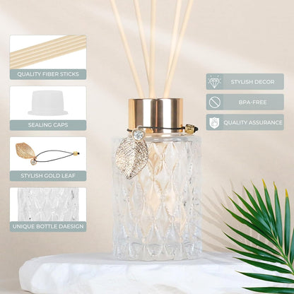 Trifolic Reed Diffuser Set with Metal Golden Decoration, 3.5-4.2oz Empty Reed Diffuser Bottles with 20Pcs Reed Diffuser Sticks, Unique Design Bottles for Home and Office