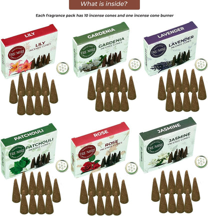 Trumiri Woody Incense Cones - Variety Pack - Total 60 Cone Incense (6 Scents x 10 Conos) - White Sage, Palo Santo, Dragons Blood, Sandalwood - Inscents-Cones Scented - Insense Cones - Incent Cone