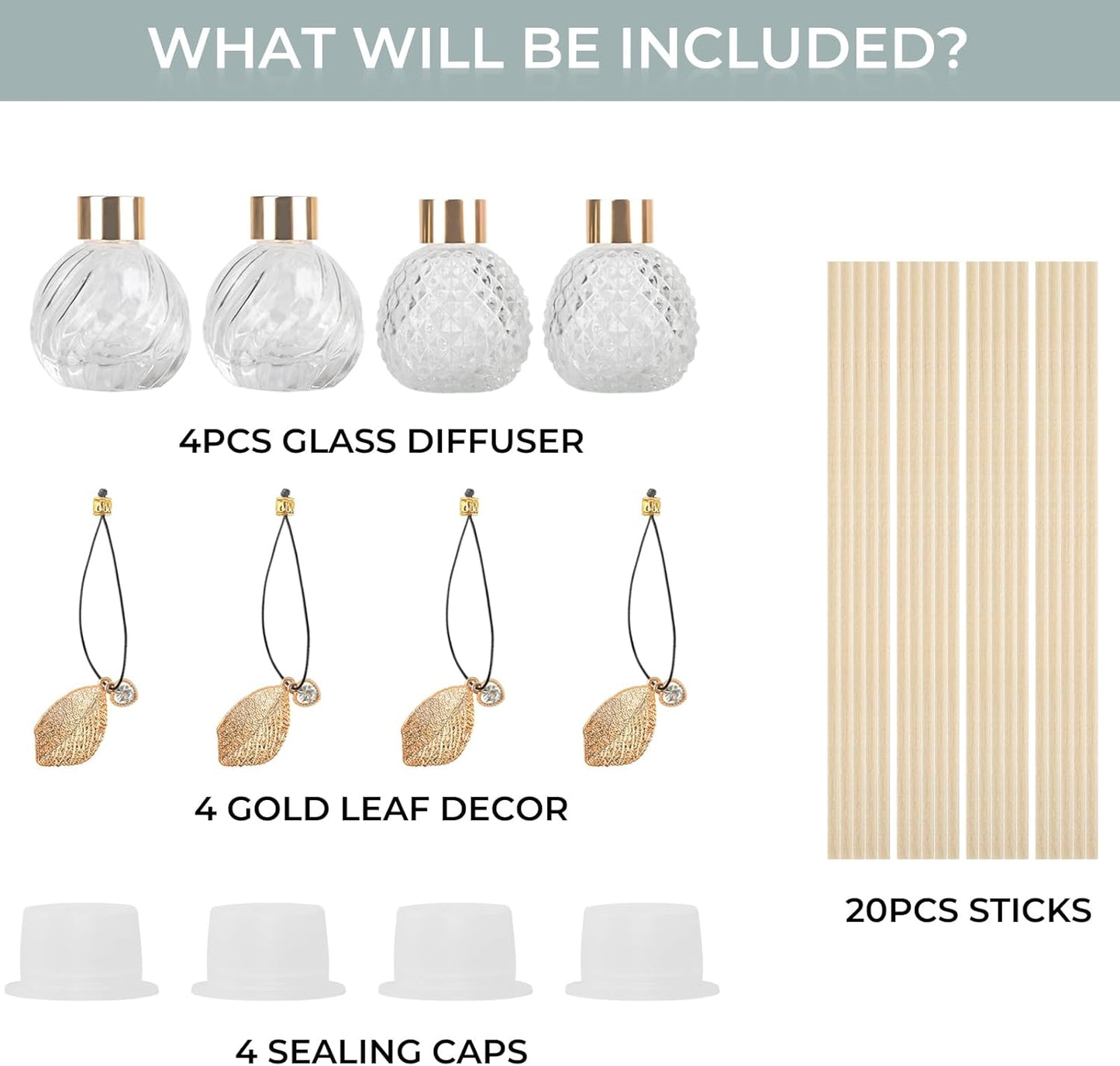 Trifolic Reed Diffuser Set with Metal Golden Decoration, 3.5-4.2oz Empty Reed Diffuser Bottles with 20Pcs Reed Diffuser Sticks, Unique Design Bottles for Home and Office