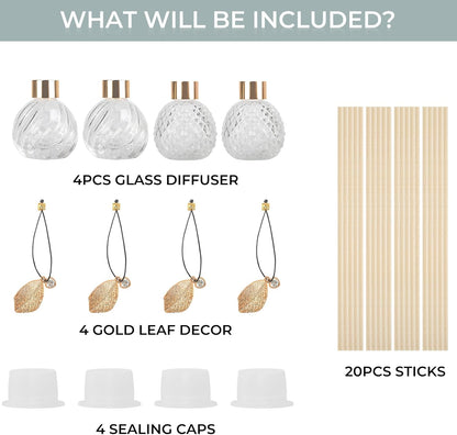 Trifolic Reed Diffuser Set with Metal Golden Decoration, 3.5-4.2oz Empty Reed Diffuser Bottles with 20Pcs Reed Diffuser Sticks, Unique Design Bottles for Home and Office