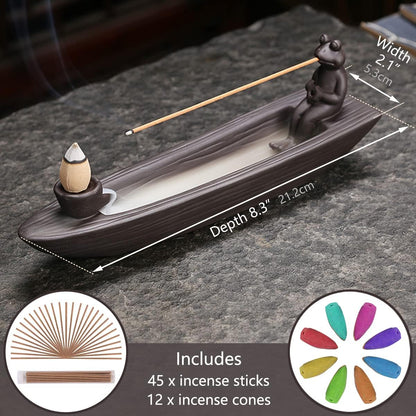 ChangWanna Frog Incense Stick Holder - Ceramic Insence Burner Ash Catcher, Insense Stand with 45 Sandalwood Sticks, Ornament for Aromatherapy/Yoga/Meditation/Home Living Room Office Decor