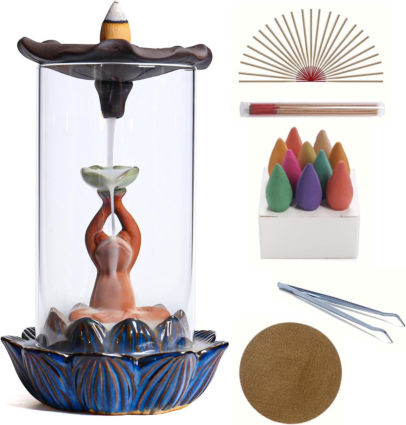ChangWanna Frog Incense Stick Holder - Ceramic Insence Burner Ash Catcher, Insense Stand with 45 Sandalwood Sticks, Ornament for Aromatherapy/Yoga/Meditation/Home Living Room Office Decor