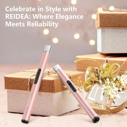 REIDEA Lighter Electric for Candle S4 Pro USB Rechargeable Safety Lock with LED Battery Indicator Flameless Windproof Arc Plasma Lighter for Candle, Fireworks (Champagne Gold)