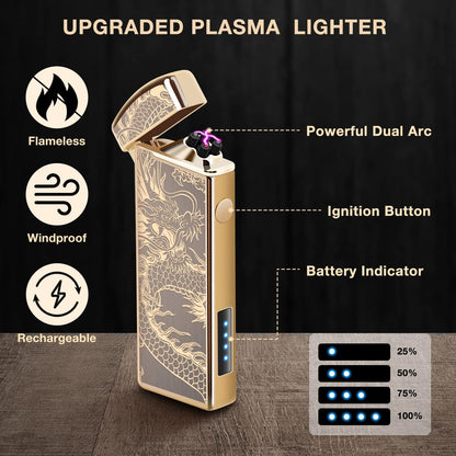 LcFun Electric USB Rechargeable Lighter, Windproof Plasma Dual Arc Lighter with LED Battery Indication, Electronic Flameless Cool Lighters Gifts for Men Fathers Husband (Black Dragon)