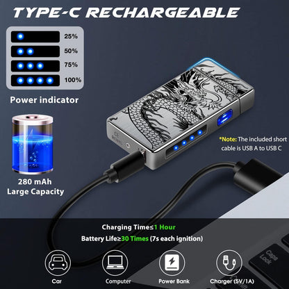 LcFun Electric USB Rechargeable Lighter, Windproof Plasma Dual Arc Lighter, Electronic Flameless Cool Lighters Gifts for Men Fathers Husband (Gold Dragon)