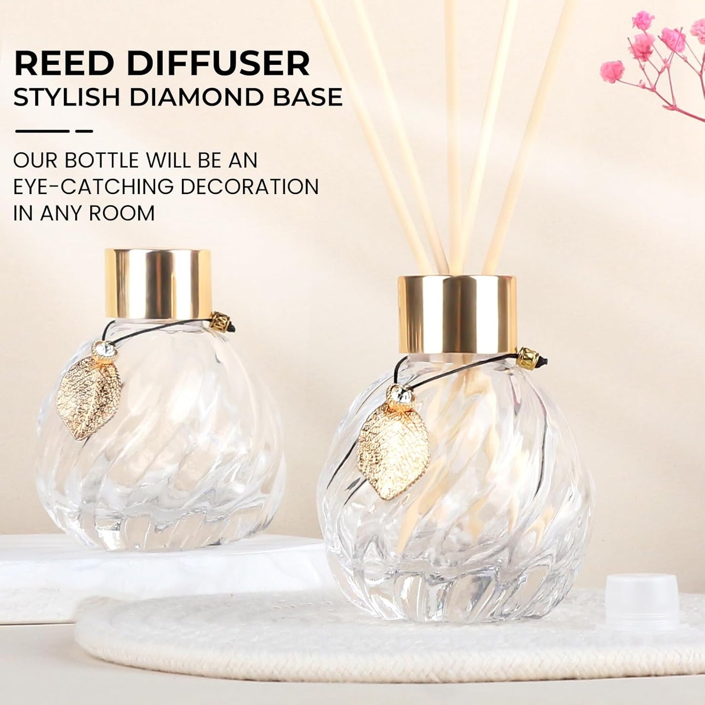 Trifolic Reed Diffuser Set with Metal Golden Decoration, 3.5-4.2oz Empty Reed Diffuser Bottles with 20Pcs Reed Diffuser Sticks, Unique Design Bottles for Home and Office
