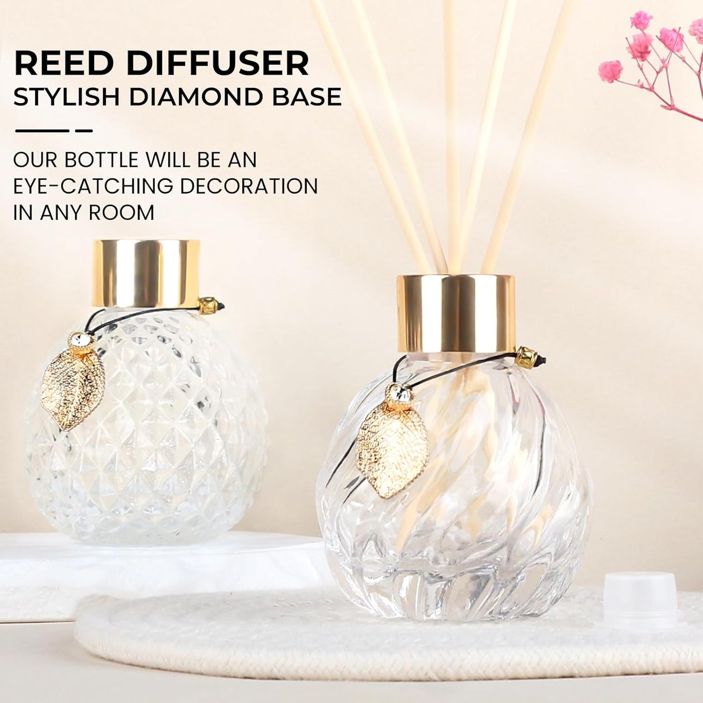 Trifolic Reed Diffuser Set with Metal Golden Decoration, 3.5-4.2oz Empty Reed Diffuser Bottles with 20Pcs Reed Diffuser Sticks, Unique Design Bottles for Home and Office