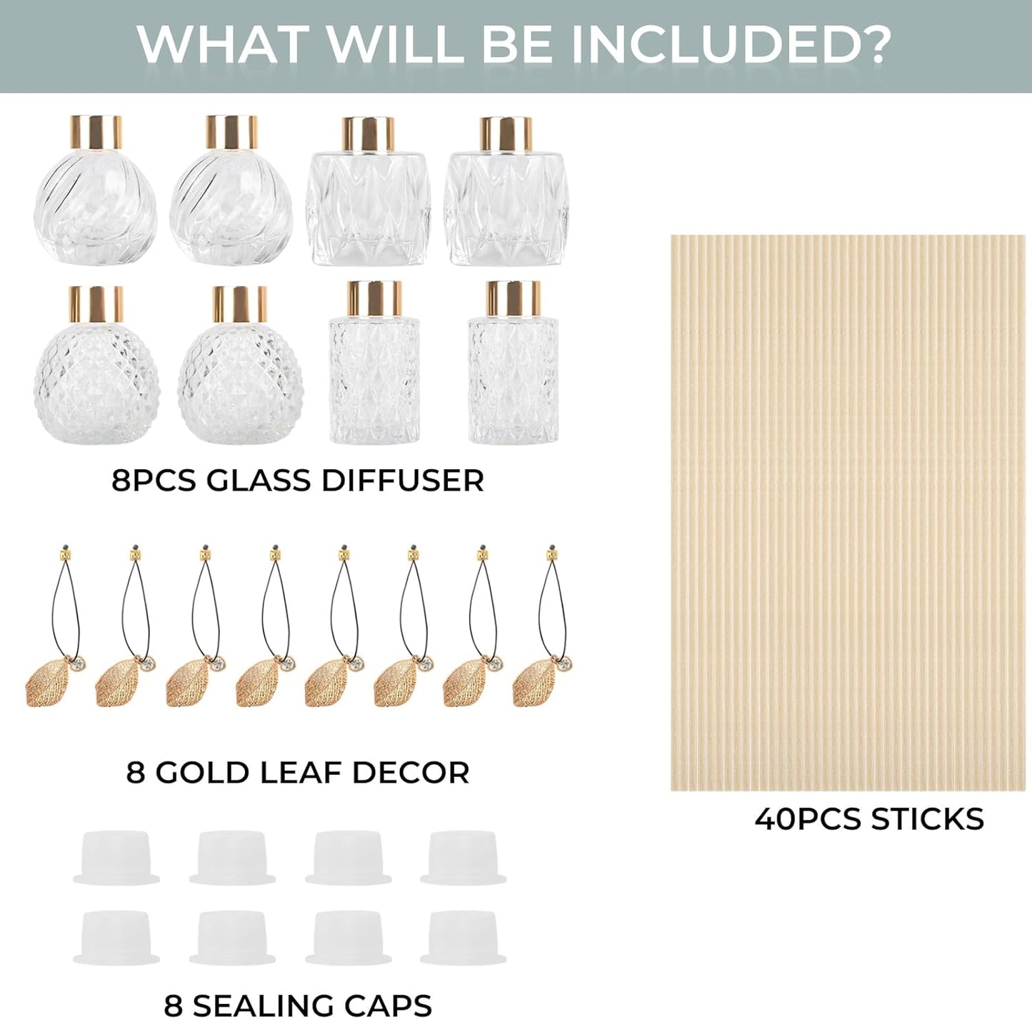 Trifolic Reed Diffuser Set with Metal Golden Decoration, 3.5-4.2oz Empty Reed Diffuser Bottles with 20Pcs Reed Diffuser Sticks, Unique Design Bottles for Home and Office