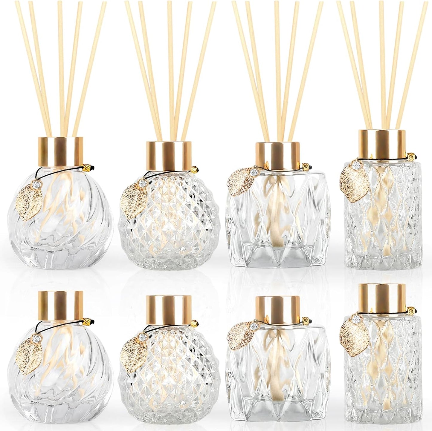 Trifolic Reed Diffuser Set with Metal Golden Decoration, 3.5-4.2oz Empty Reed Diffuser Bottles with 20Pcs Reed Diffuser Sticks, Unique Design Bottles for Home and Office