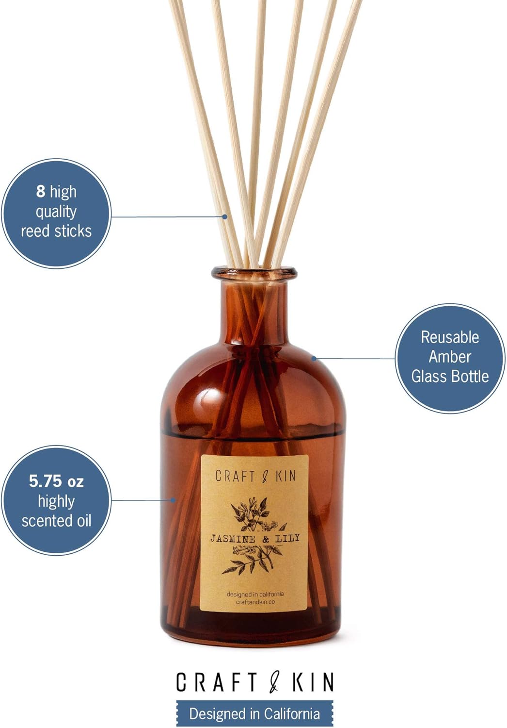 Jasmine & Lily Reed Diffuser | Includes All Natural Essential Oil & 8 Rattan Scent Sticks | Reed Diffuser Set for Bathroom | Reed Diffusers for Home | Long Lasting Home Fragrance in Amber Glass - 5.75oz