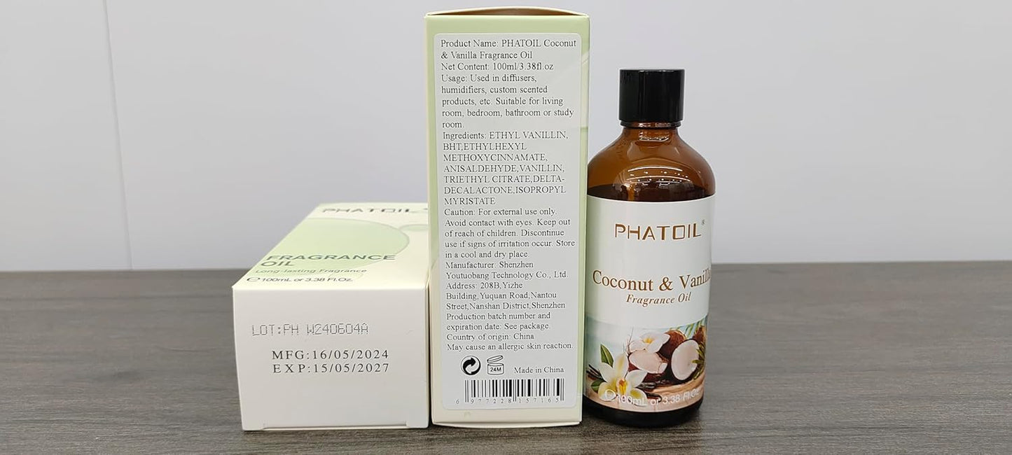 PHATOIL 3.38 FL.OZ Coconut & Vanilla Fragrance Oils for Aromatherapy, Essential Oils for Diffusers for Home, Perfect for Diffuser, Yoga, DIY Candle and Soap Making - 100ml