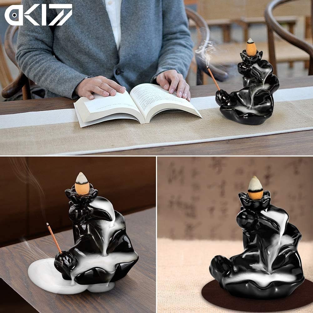 DK177 Waterfall Incense Holder Backflow Cone Ceramic Burner Handcrafted Porcelain Censer Incense Stick Stand with 20 Free Cones