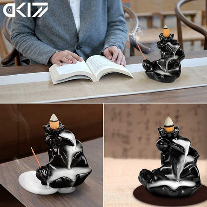 DK177 Waterfall Incense Holder Backflow Cone Ceramic Burner Handcrafted Porcelain Censer Incense Stick Stand with 20 Free Cones