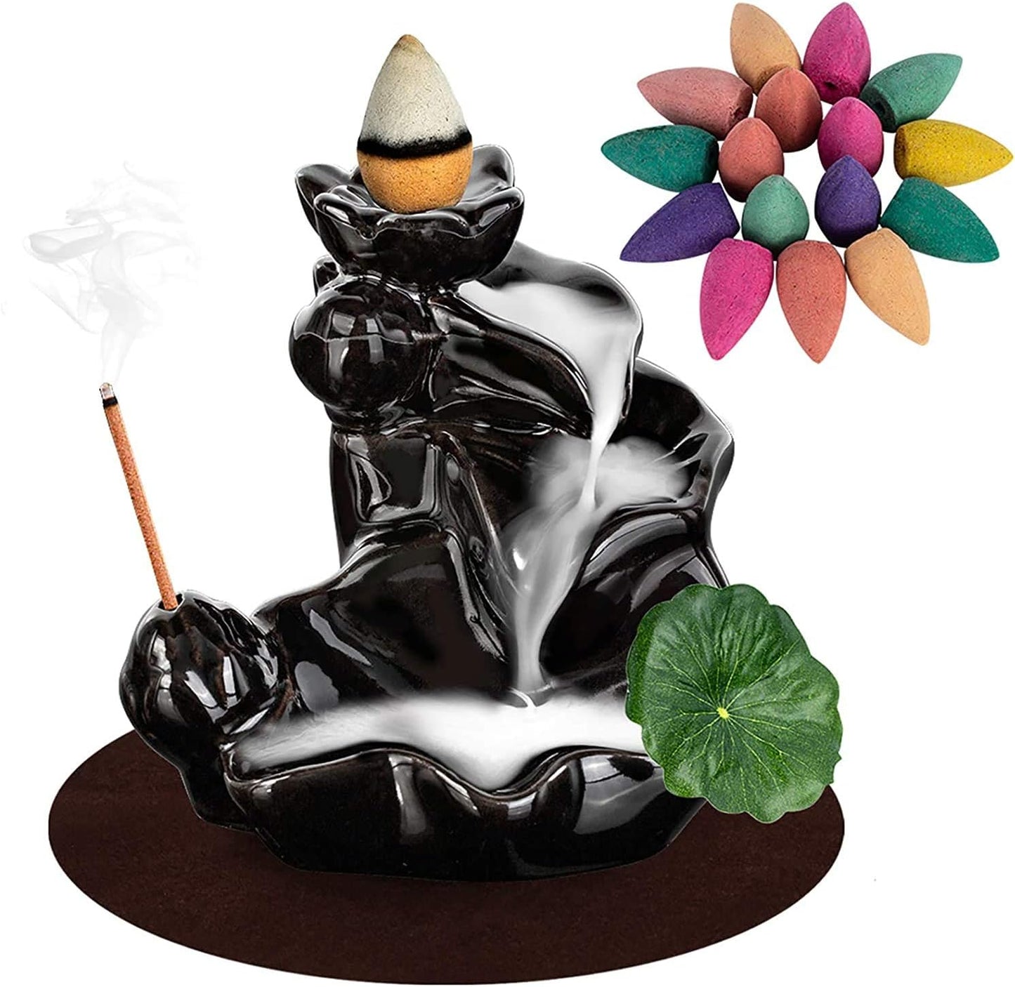 DK177 Waterfall Incense Holder Backflow Cone Ceramic Burner Handcrafted Porcelain Censer Incense Stick Stand with 20 Free Cones