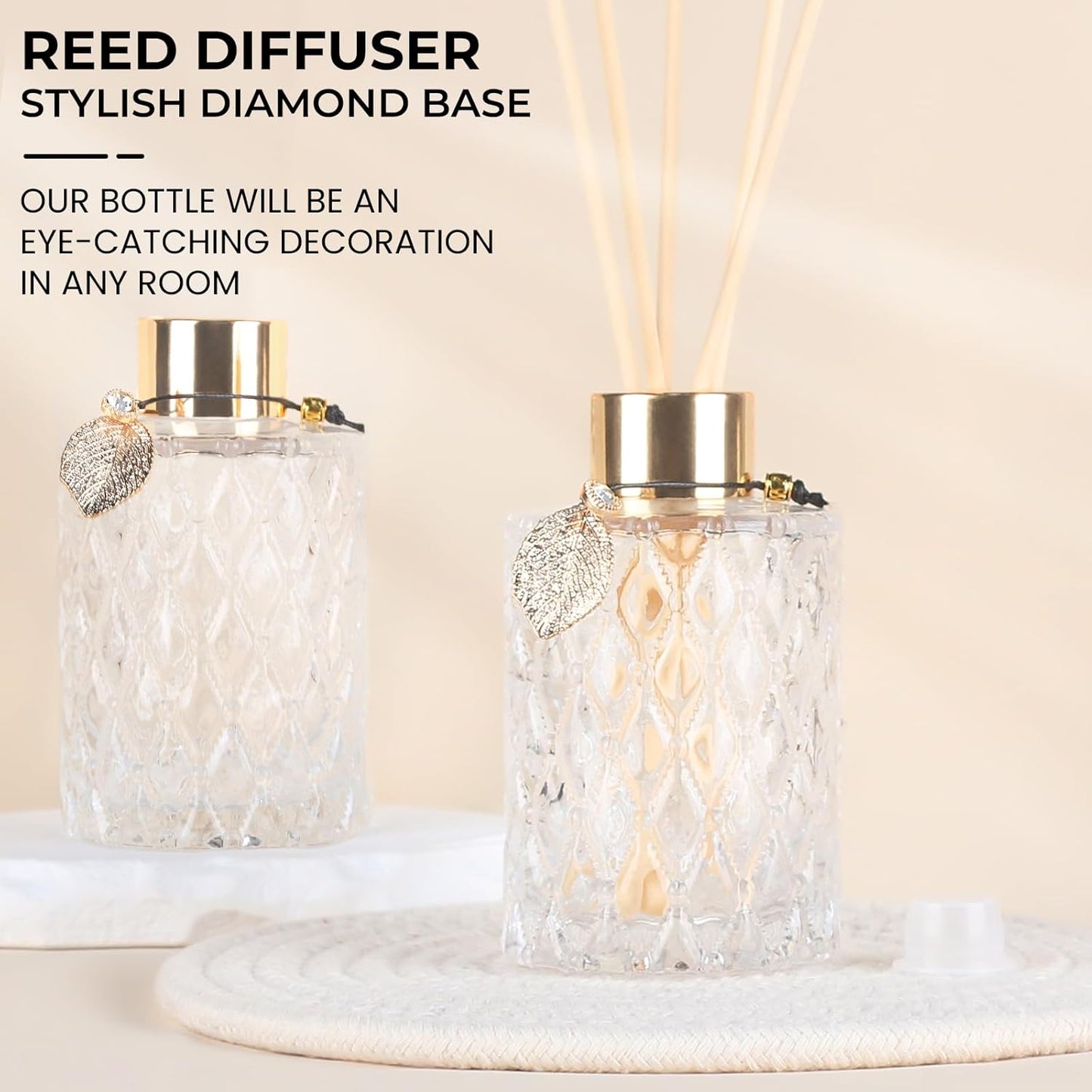 Trifolic Reed Diffuser Set with Metal Golden Decoration, 3.5-4.2oz Empty Reed Diffuser Bottles with 20Pcs Reed Diffuser Sticks, Unique Design Bottles for Home and Office