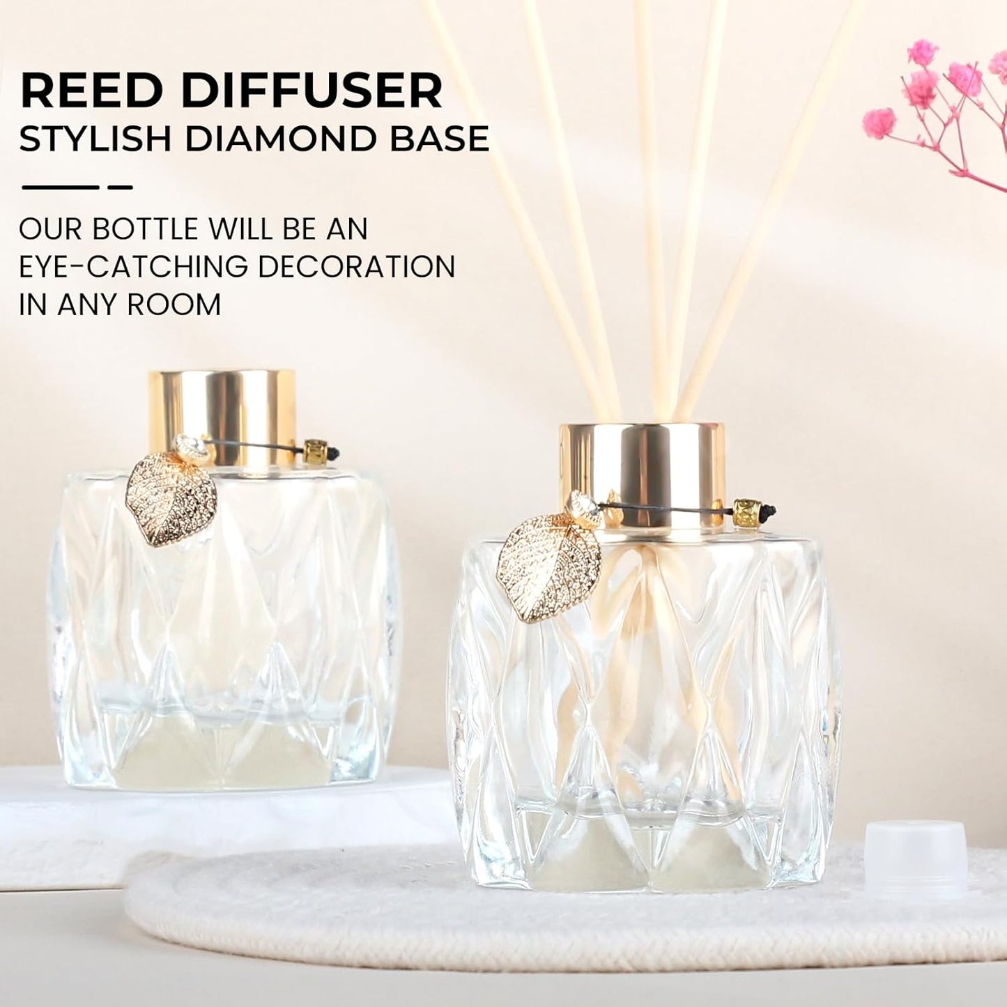 Trifolic Reed Diffuser Set with Metal Golden Decoration, 3.5-4.2oz Empty Reed Diffuser Bottles with 20Pcs Reed Diffuser Sticks, Unique Design Bottles for Home and Office