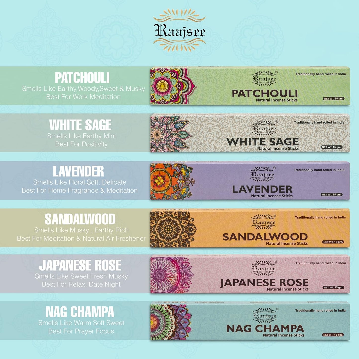 Raajsee Natural Incense Sticks,6 Pack Mixed Scents Gift Pack 15 gm Each (90 gm Total), Insense Sticks Variety Pack, 100% Organic Non Toxic Natural - Hand Rolled Free from Chemicals