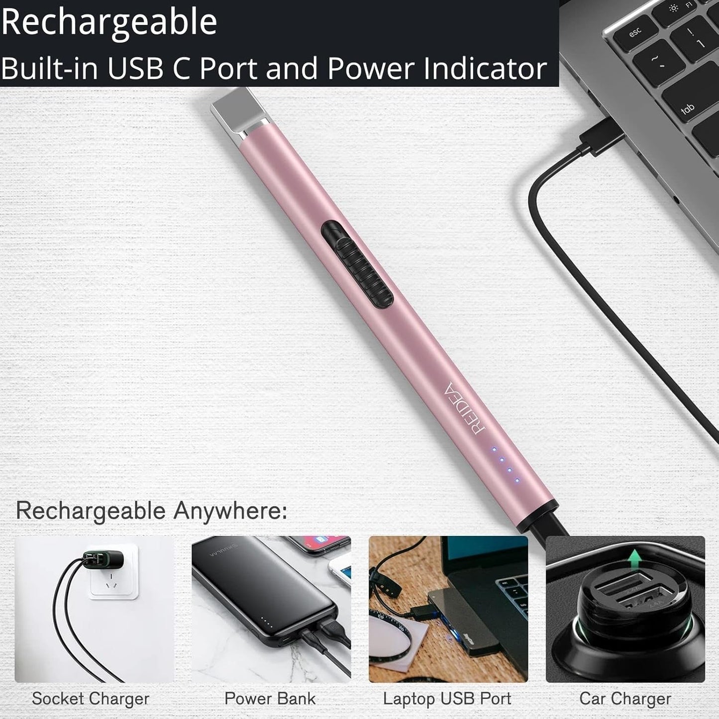 REIDEA Lighter Electric for Candle S4 Pro USB Rechargeable Safety Lock with LED Battery Indicator Flameless Windproof Arc Plasma Lighter for Candle, Fireworks (Champagne Gold)