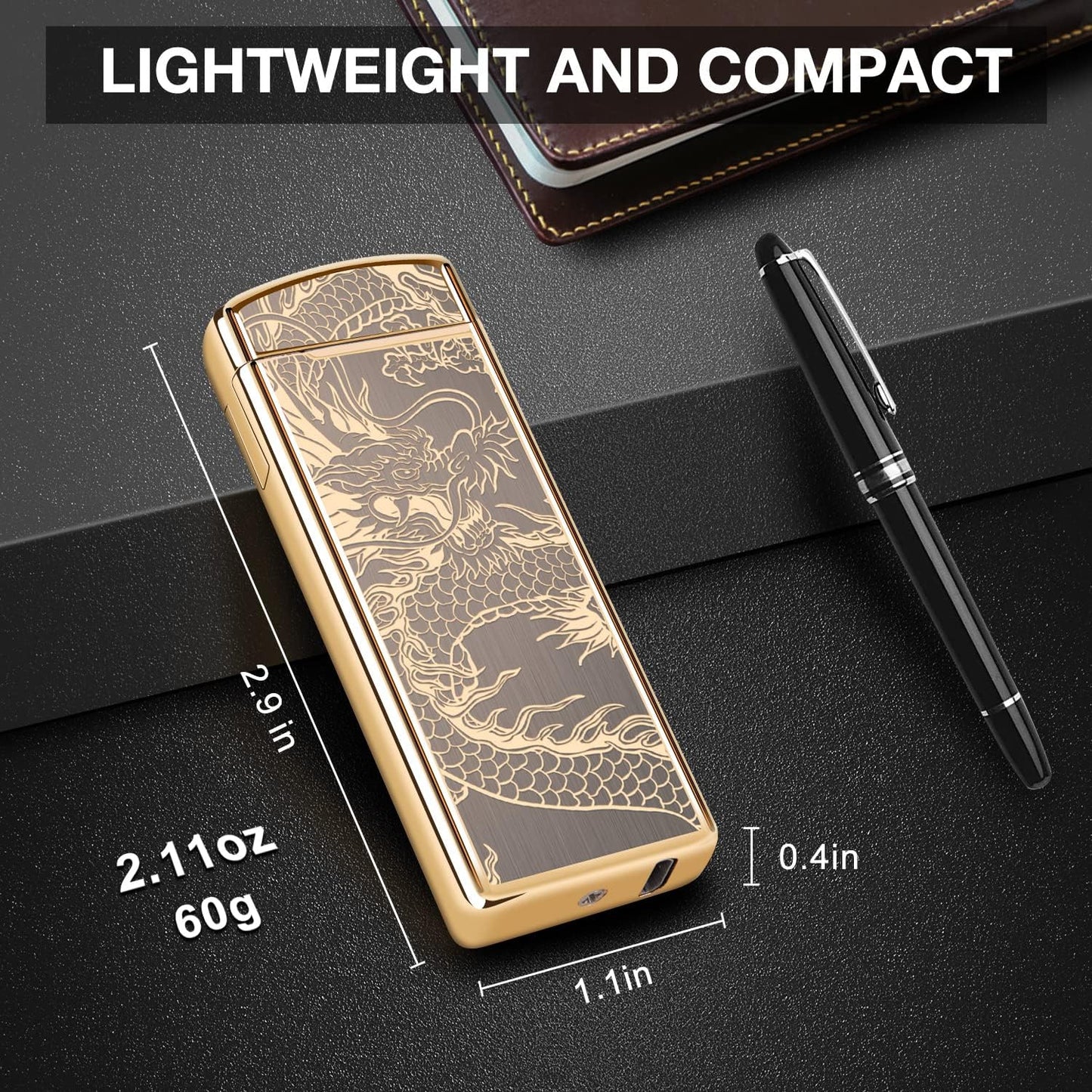 LcFun Electric USB Rechargeable Lighter, Windproof Plasma Dual Arc Lighter with LED Battery Indication, Electronic Flameless Cool Lighters Gifts for Men Fathers Husband (Black Dragon)