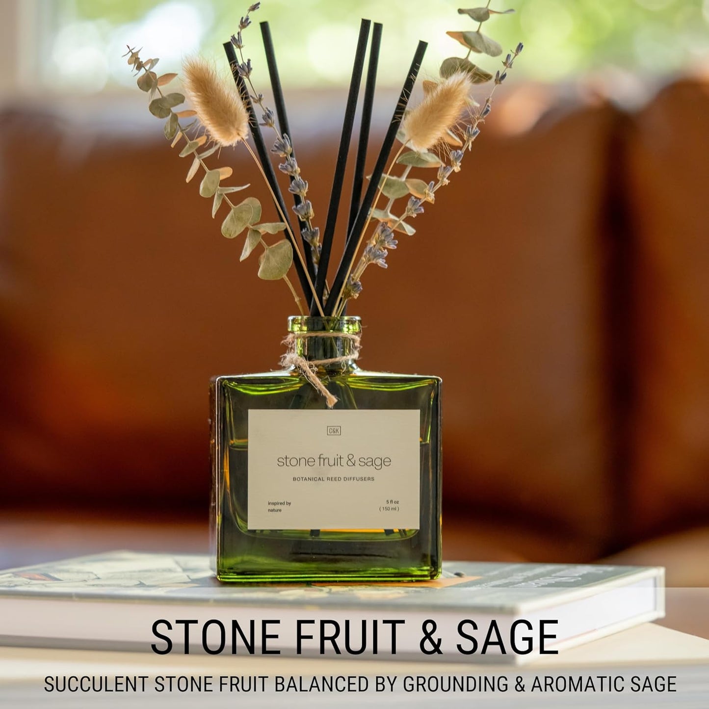 Craft & Kin Reed Diffuser Set with Dried Flowers, 5 oz Santal Woods Scented Reed Diffuser with Sticks