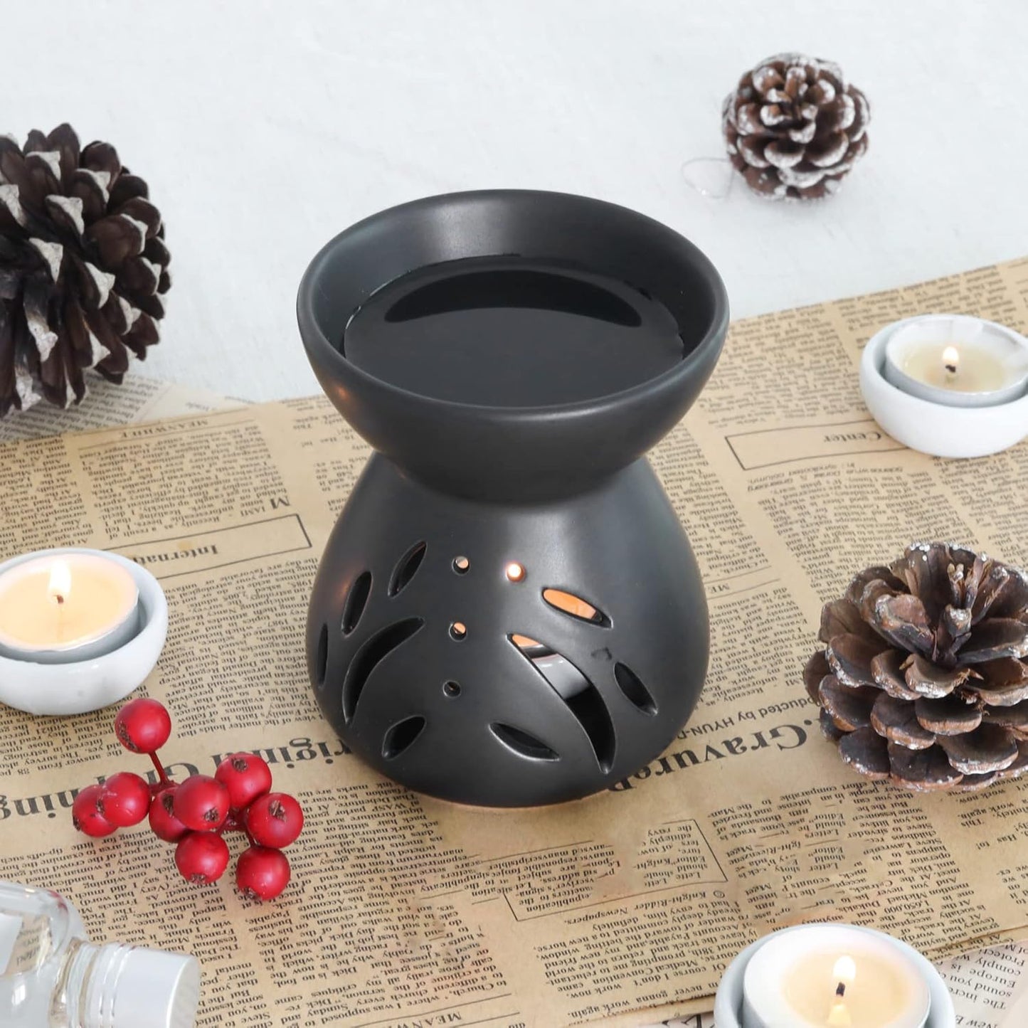 ComSaf Essential Oil Burner Wax Melt Burners Set of 2, Aromatherapy Aroma Burner Ceramic Oil Diffuser Candle Tealight Holder Home Bedroom Decor Christmas Housewarming Gift, Black