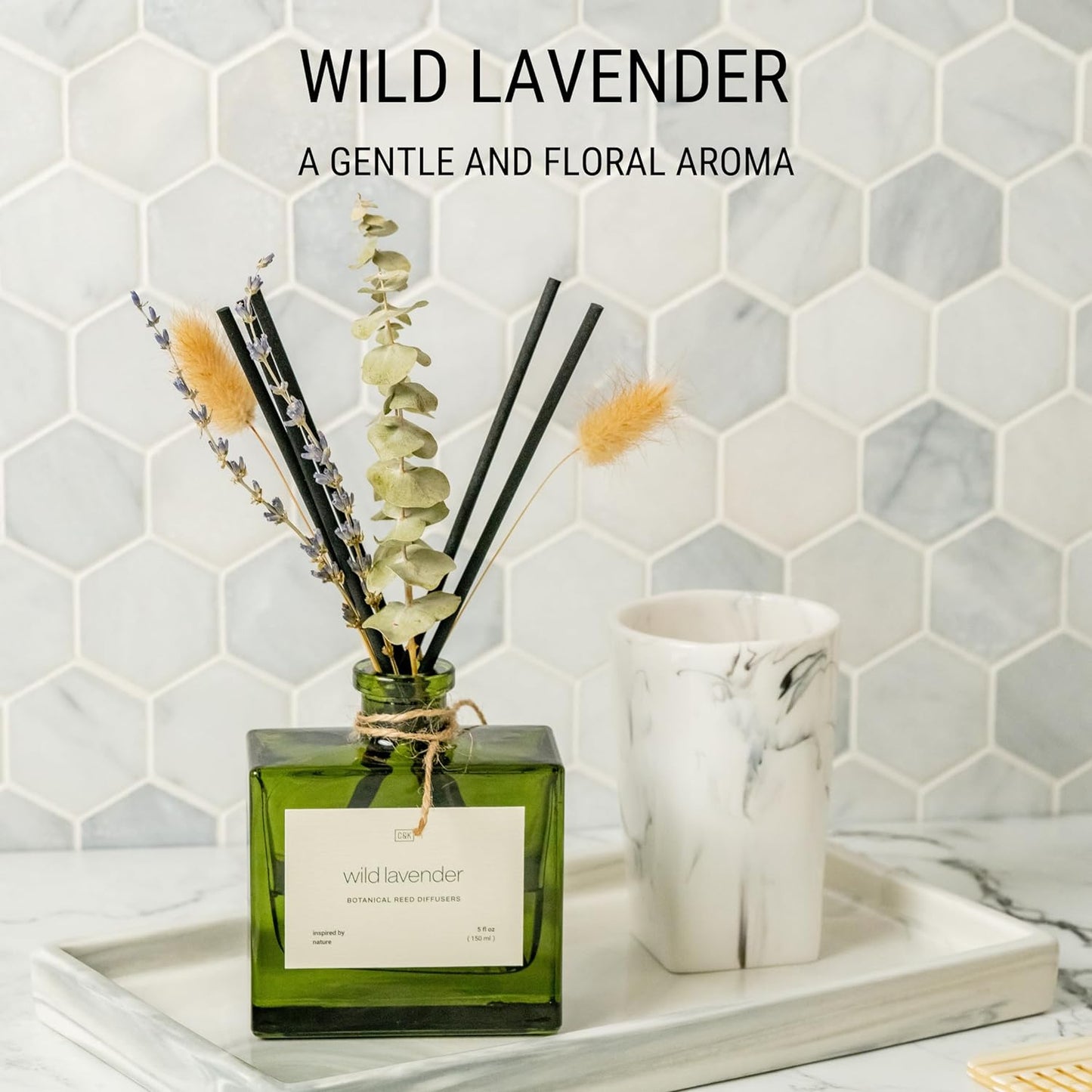 Craft & Kin Reed Diffuser Set with Dried Flowers, 5 oz Santal Woods Scented Reed Diffuser with Sticks