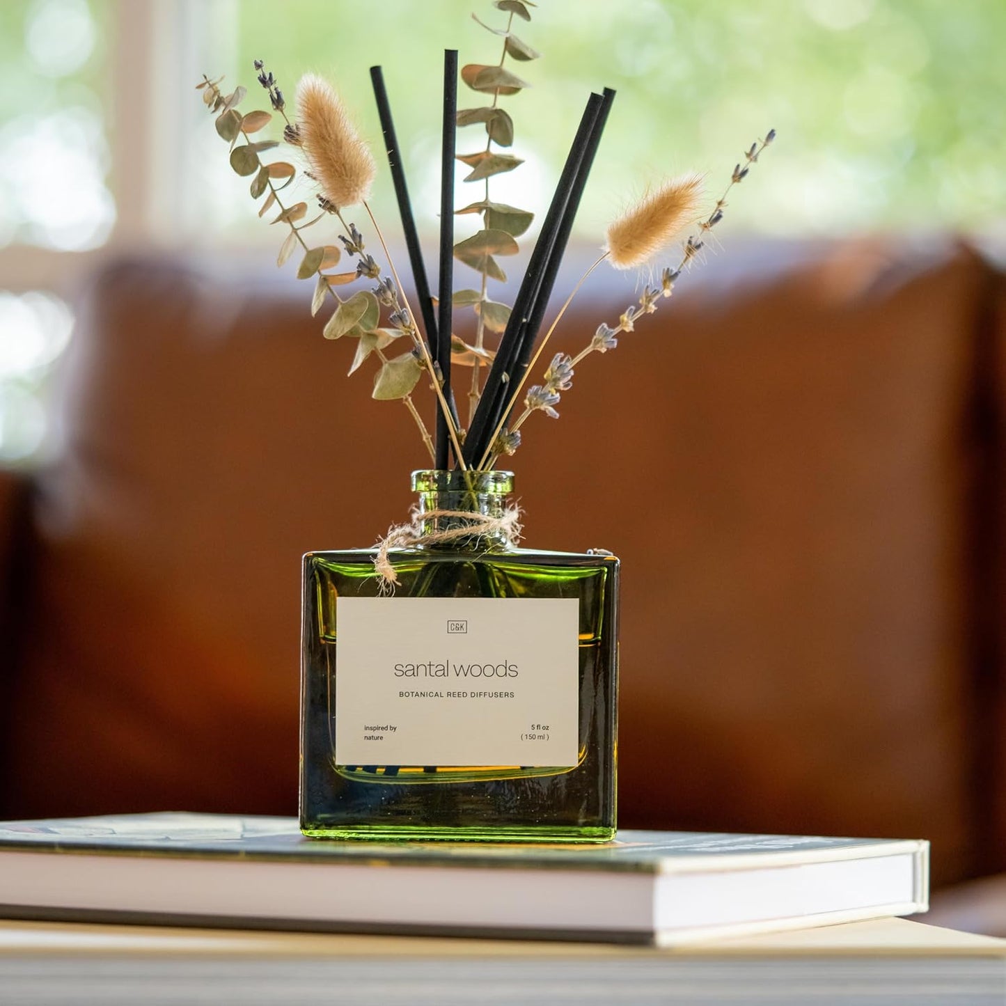 Craft & Kin Reed Diffuser Set with Dried Flowers, 5 oz Santal Woods Scented Reed Diffuser with Sticks