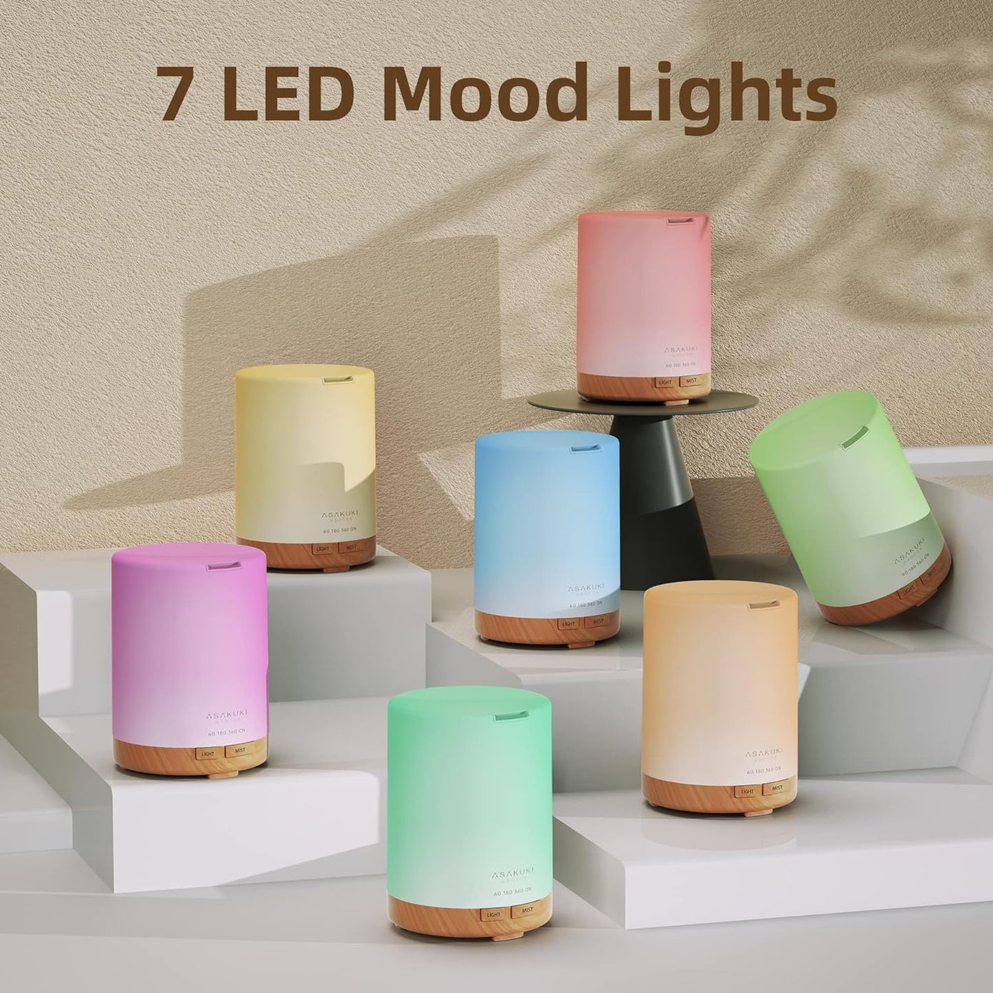 ASAKUKI 300ML Essential Oil Diffuser, Quiet 5-in-1 Premium Humidifier, Natural Home Fragrance Aroma Diffuser with 7 LED Color Changing Light and Auto-Off Safety Switch-Light Brown