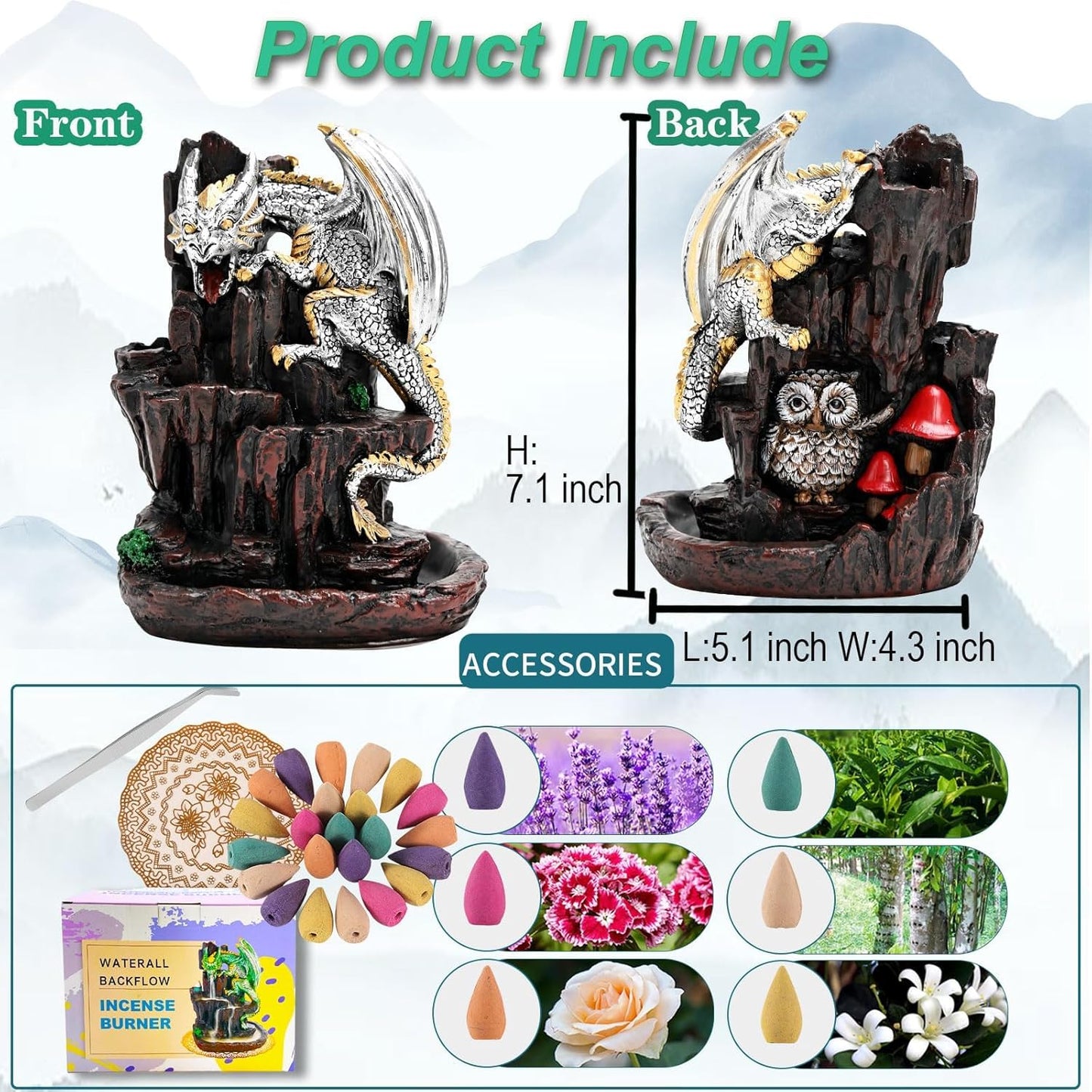 Zvaiuk Dragon Backflow 2 Sided Mountain Waterfall Incense Burner,Fountain Smoke Incense Holder with Backflow Incense Cones, Tweezers, Mat，Resin Aromatherapy Meditationvaiuk (Green)