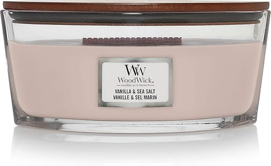 WoodWick Ellipse Scented Candle, Vanilla & Sea Salt 16oz, Crackles as it burns, Up to 50 hours burn time, Premium Soy blend, Perfect for gifting