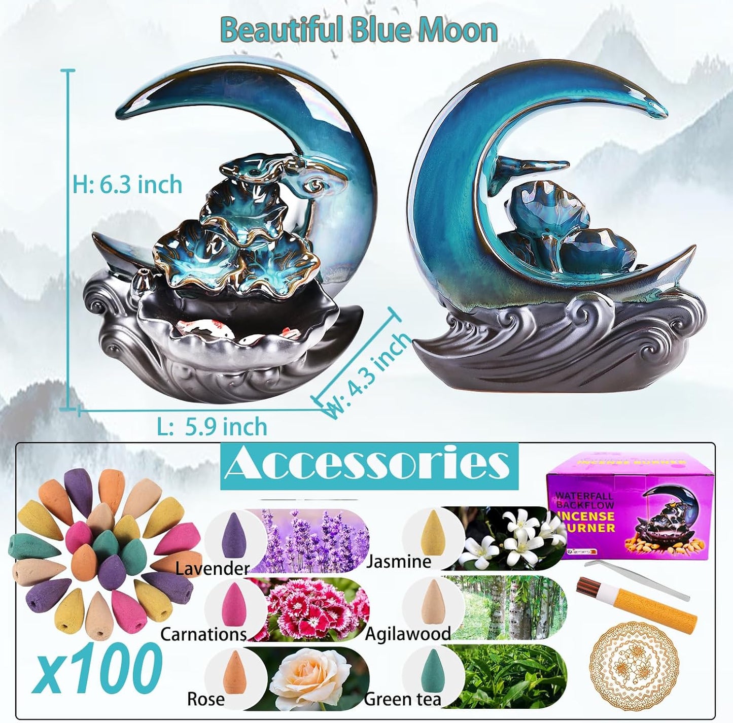 Zvaiuk New Moon Backflow Incense Holder, Ceramic Hand-Made Incense Fountain Burner with 100 Backflow Incense Cones