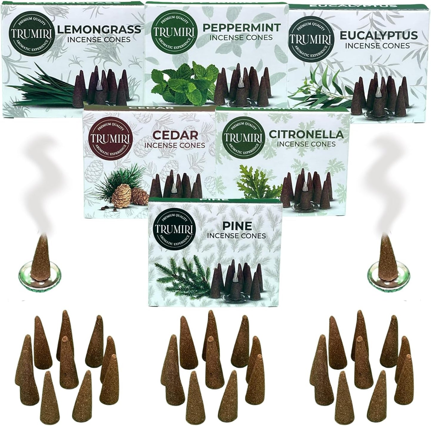 Trumiri Woody Incense Cones - Variety Pack - Total 60 Cone Incense (6 Scents x 10 Conos) - White Sage, Palo Santo, Dragons Blood, Sandalwood - Inscents-Cones Scented - Insense Cones - Incent Cone