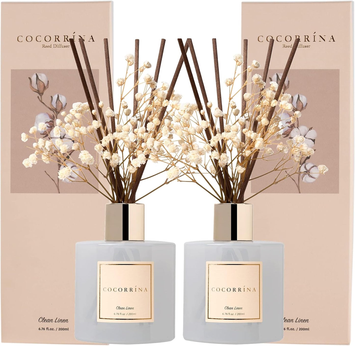 COCORRÍNA Reed Diffuser Set, Clean Linen Scented Diffuser with Sticks Home Fragrance Reed Diffuser for Bathroom Shelf Decor