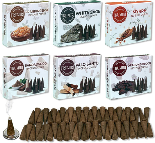 Trumiri Woody Incense Cones - Variety Pack - Total 60 Cone Incense (6 Scents x 10 Conos) - White Sage, Palo Santo, Dragons Blood, Sandalwood - Inscents-Cones Scented - Insense Cones - Incent Cone