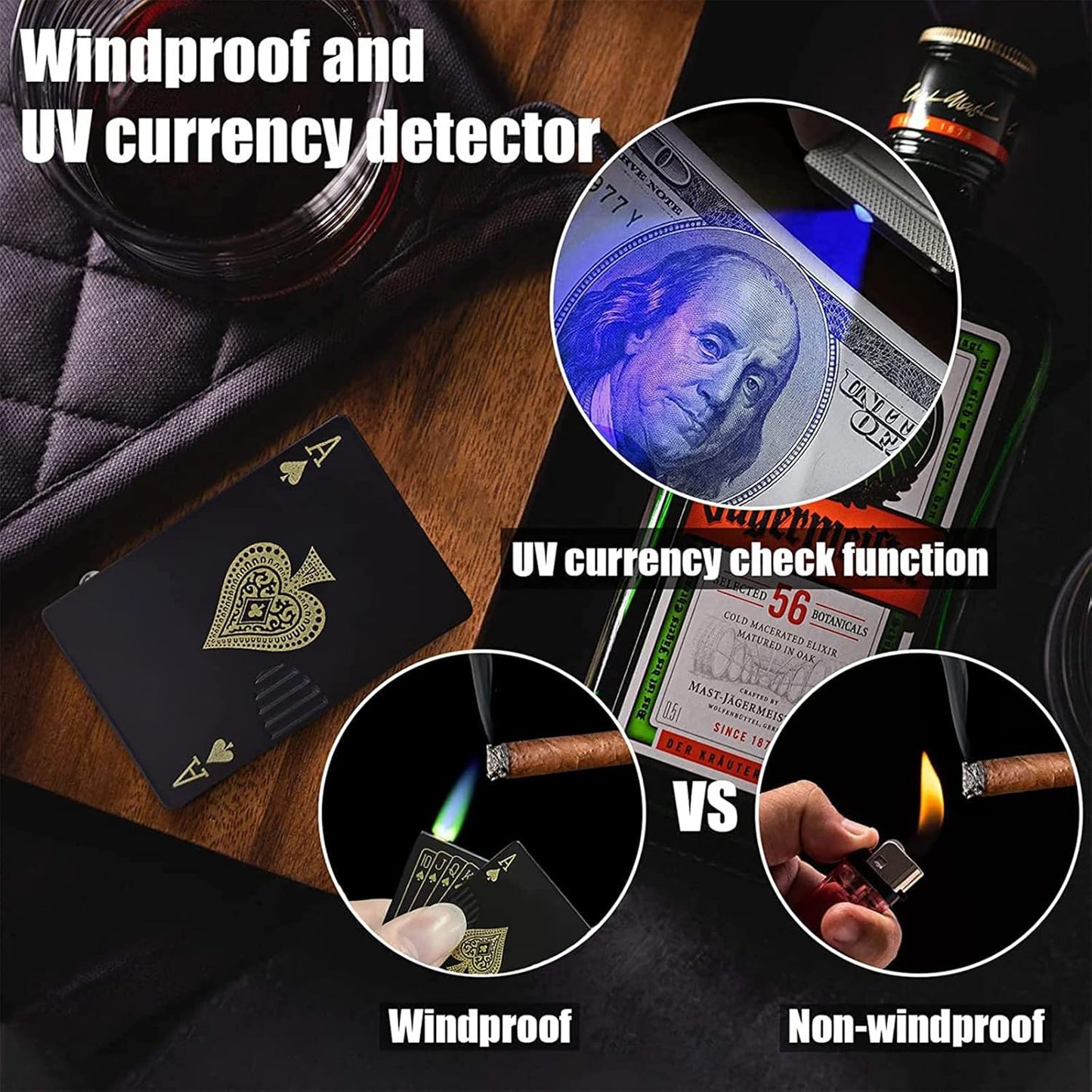 Jet Torch Lighter, Green Flame Ace Card Lighter, Refillable Butane Lighter, Ace of Spades Cool Lighter Windproof Poker Design, Gift for Men/Women