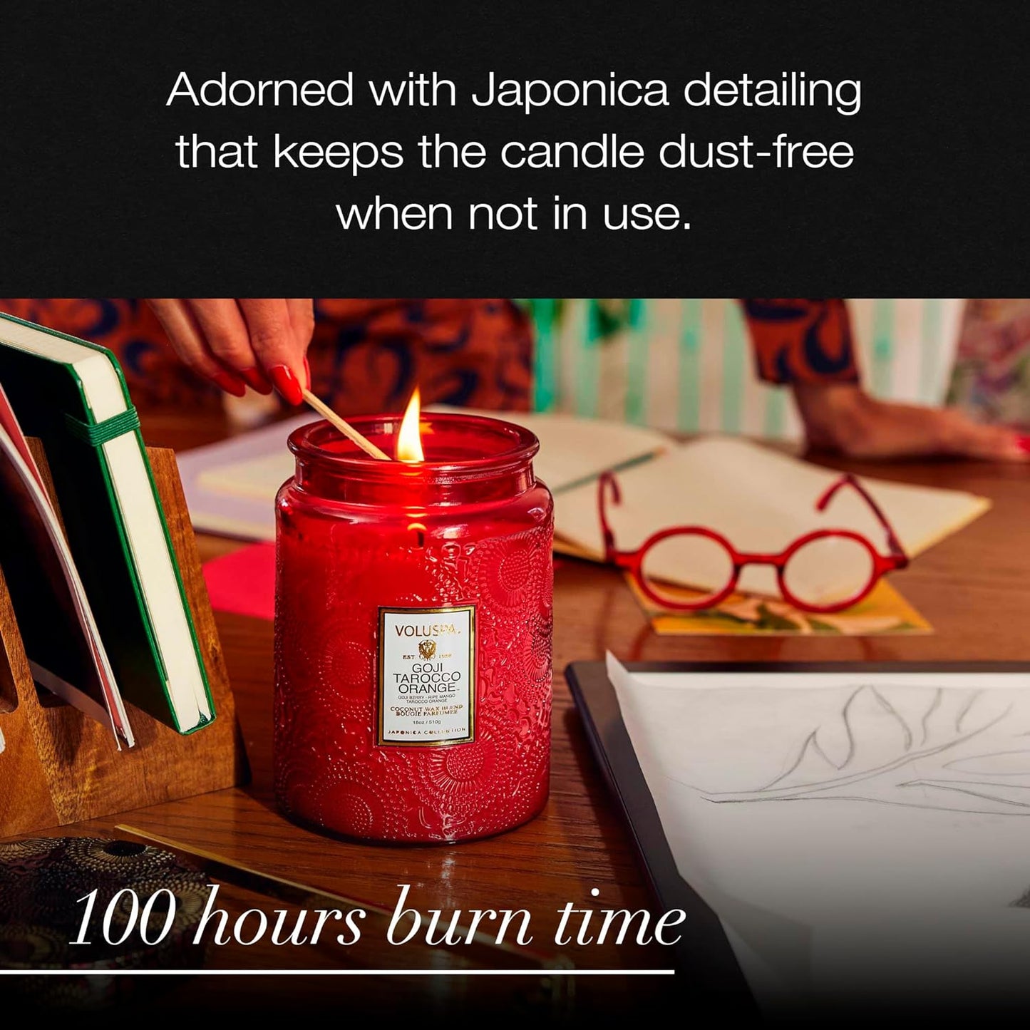 Voluspa Goji Tarocco Orange, Large Candle Jar, 18 oz, 100 Hour Burn Time, All Natural Wicks and Coconut Wax for Clean Burning, Vegan, Poured in the USA