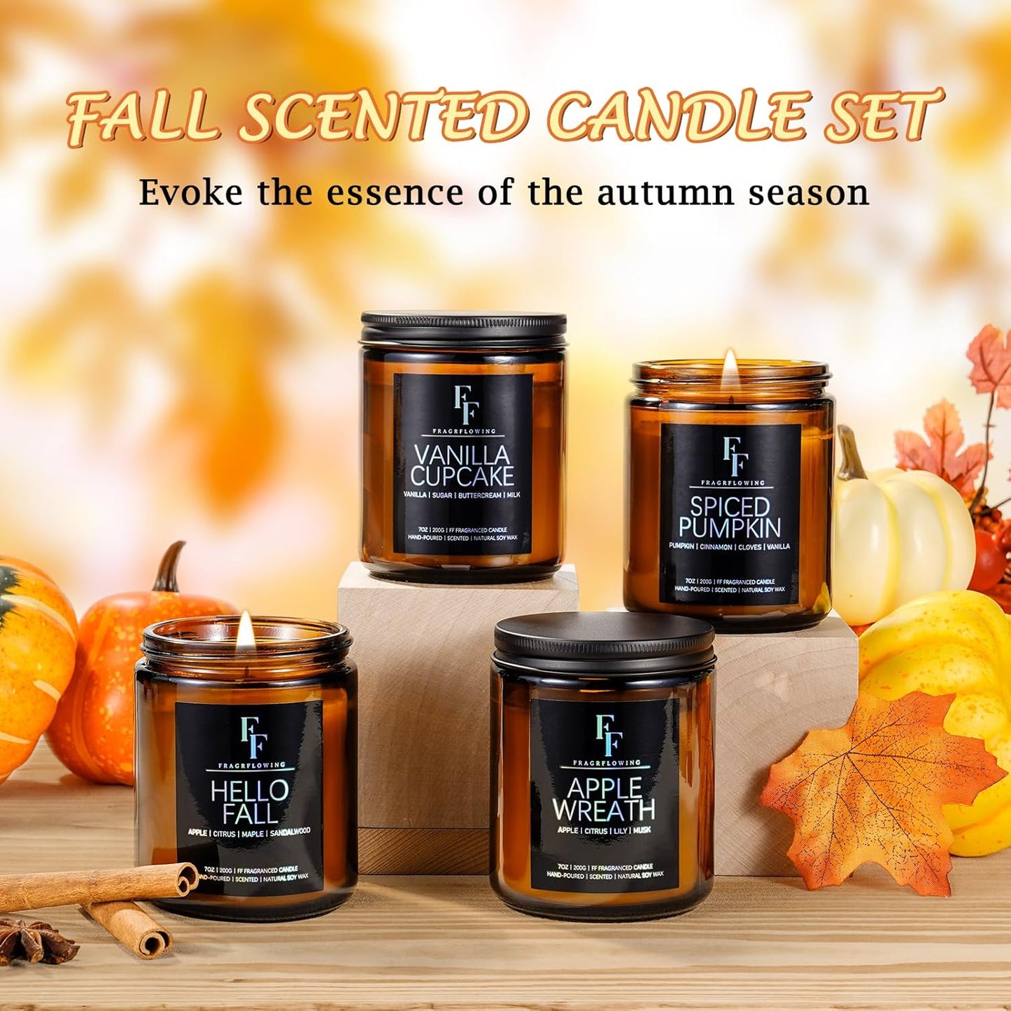 Winter Candles Set, 4 Pack Scented Candles for Home Natural Soy Wax, Holiday Gifts for Women Men, Winter Fragrance of Spice/Vanilla Cupcake/Apple Wreath/Hello Fall