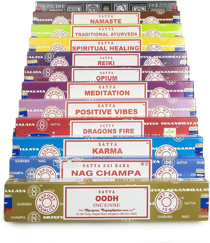 Satya Premium Mix Assorted Incense Sticks Set of 12 Pack | for Meditation, Aromatherapy, Healing, Yoga, Positivity and Relaxation | 180 Sticks (12Packs X 15Sticks)