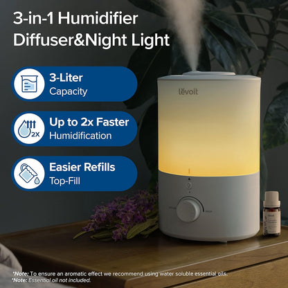 LEVOIT Humidifiers for Bedroom, Quiet (3L Water Tank) Cool Mist Top Fill Essential Oil Diffuser with 25Watt for Home Large Room, 360° Nozzle, Rapid Ultrasonic Humidification for Baby Nursery and Plant