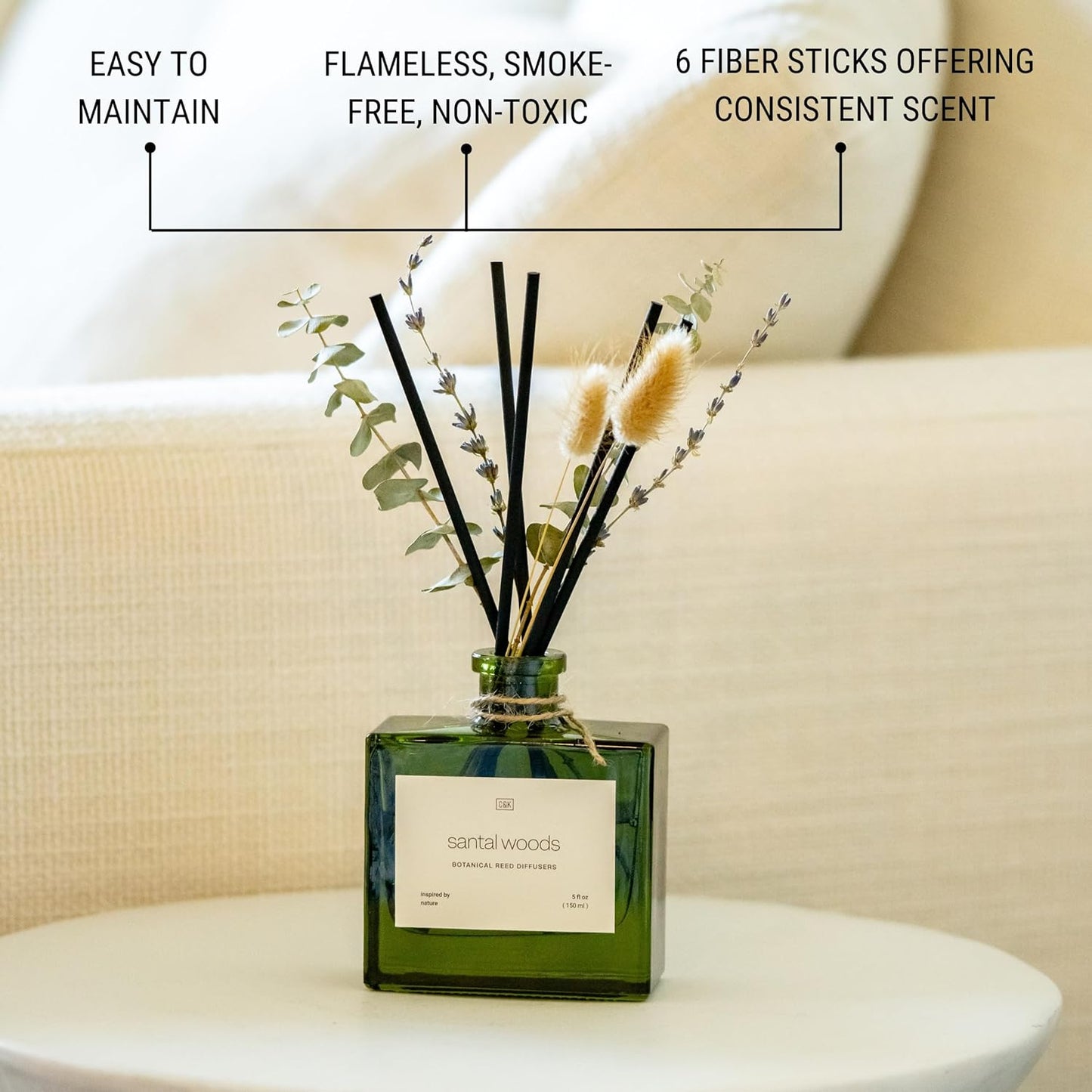 Craft & Kin Reed Diffuser Set with Dried Flowers, 5 oz Santal Woods Scented Reed Diffuser with Sticks