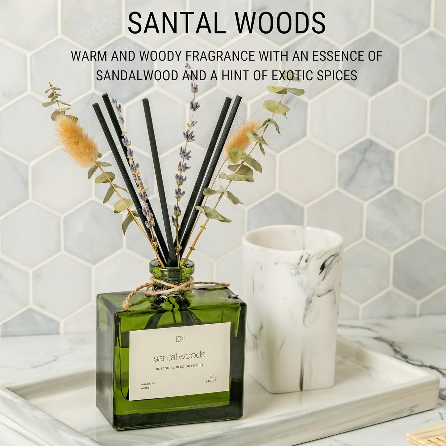 Craft & Kin Reed Diffuser Set with Dried Flowers, 5 oz Santal Woods Scented Reed Diffuser with Sticks