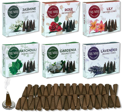 Trumiri Woody Incense Cones - Variety Pack - Total 60 Cone Incense (6 Scents x 10 Conos) - White Sage, Palo Santo, Dragons Blood, Sandalwood - Inscents-Cones Scented - Insense Cones - Incent Cone