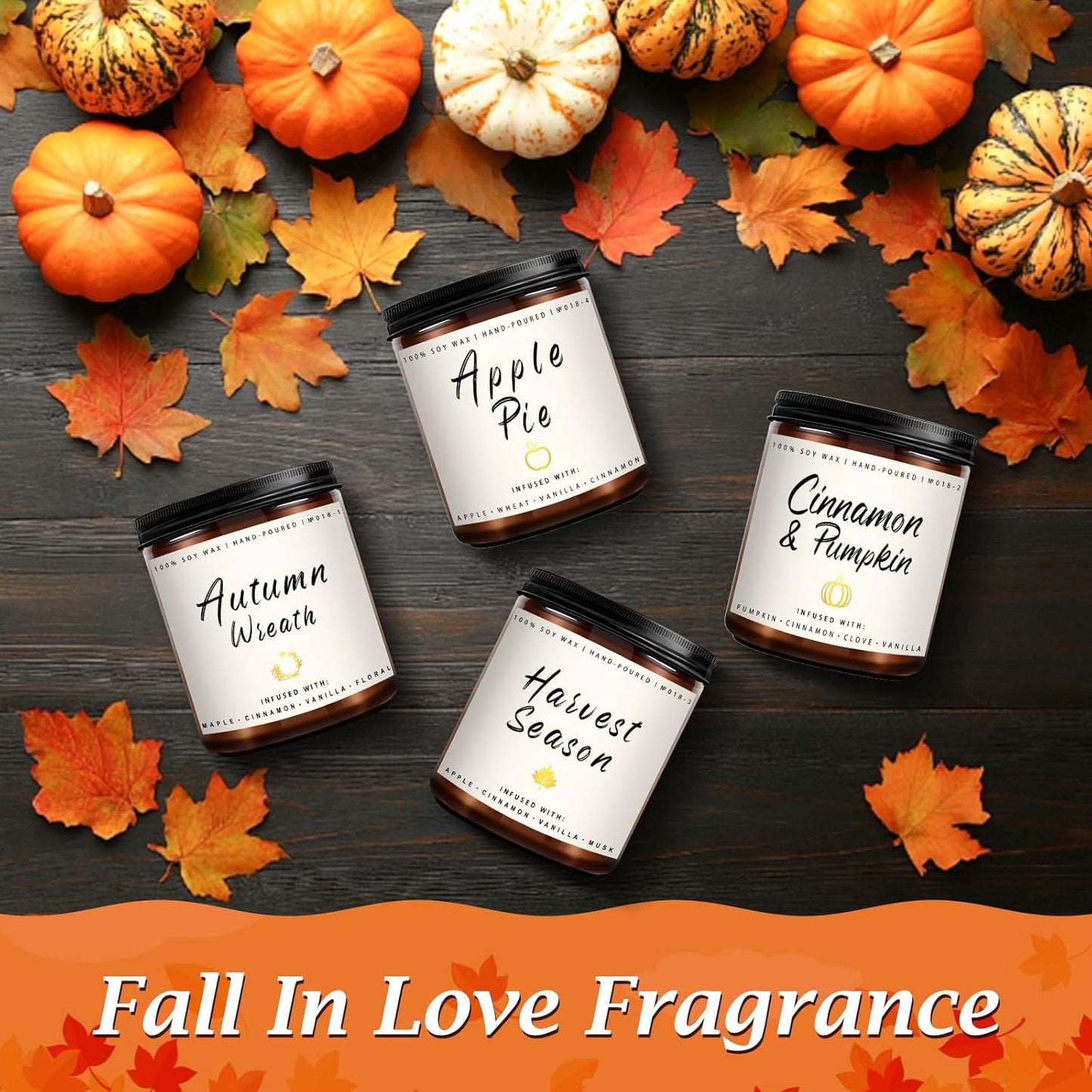 Winter Fall Candle Set | 4 Pack Christmas Fall Candles for Home - Christmas Gifts for Women Men, Fall Holiday Soy Candles | Holiday Celebration Scents of - Apple Pie/Cinnamon/Harvest/Wreath