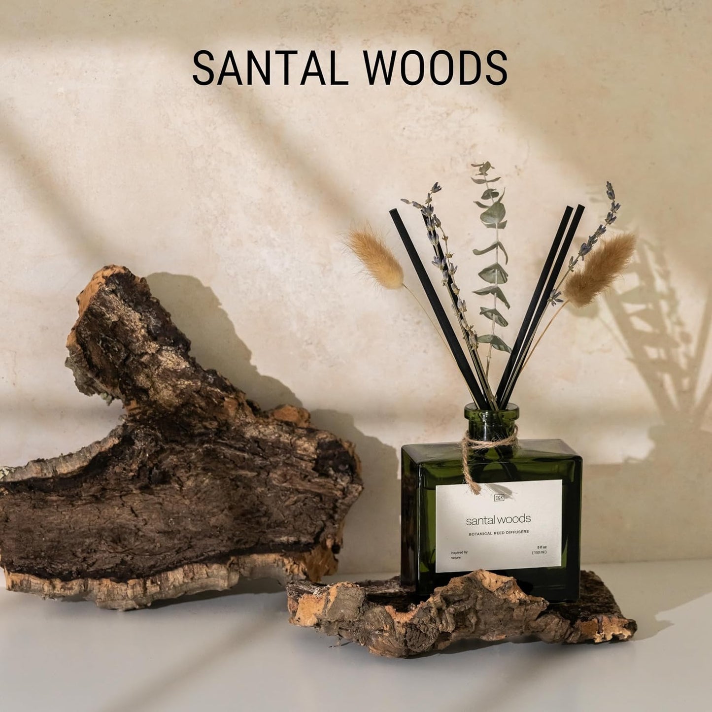 Craft & Kin Reed Diffuser Set with Dried Flowers, 5 oz Santal Woods Scented Reed Diffuser with Sticks