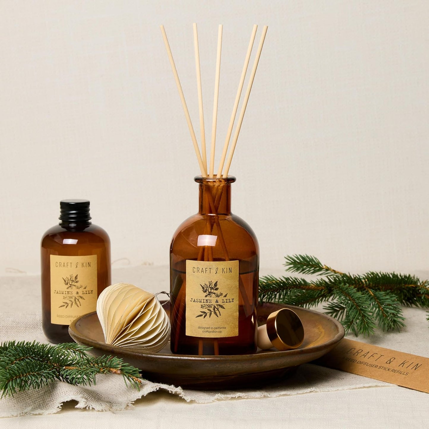 Jasmine & Lily Reed Diffuser | Includes All Natural Essential Oil & 8 Rattan Scent Sticks | Reed Diffuser Set for Bathroom | Reed Diffusers for Home | Long Lasting Home Fragrance in Amber Glass - 5.75oz