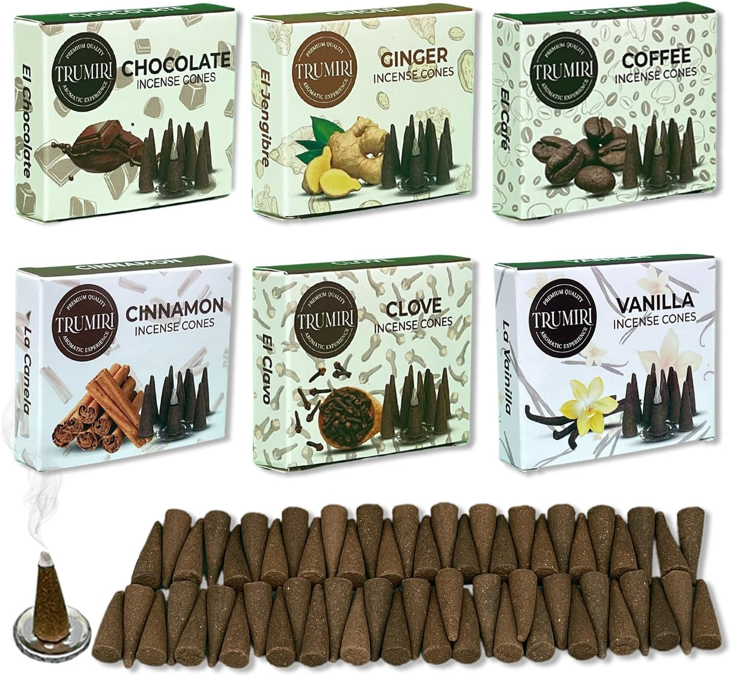 Trumiri Woody Incense Cones - Variety Pack - Total 60 Cone Incense (6 Scents x 10 Conos) - White Sage, Palo Santo, Dragons Blood, Sandalwood - Inscents-Cones Scented - Insense Cones - Incent Cone