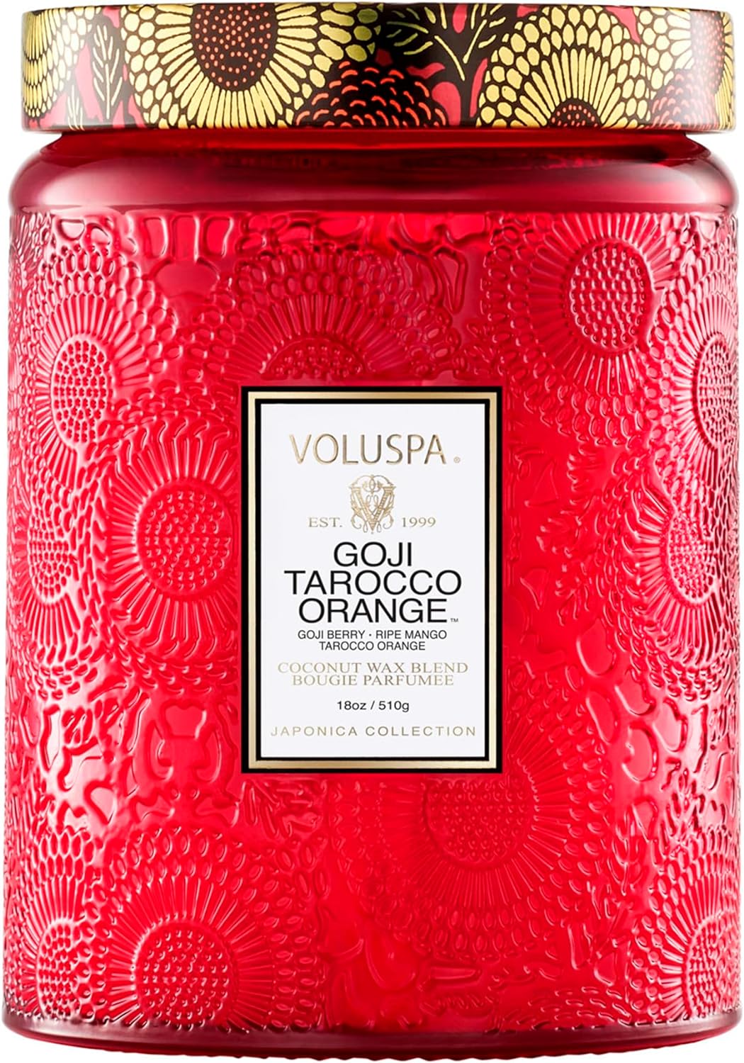 Voluspa Goji Tarocco Orange, Large Candle Jar, 18 oz, 100 Hour Burn Time, All Natural Wicks and Coconut Wax for Clean Burning, Vegan, Poured in the USA